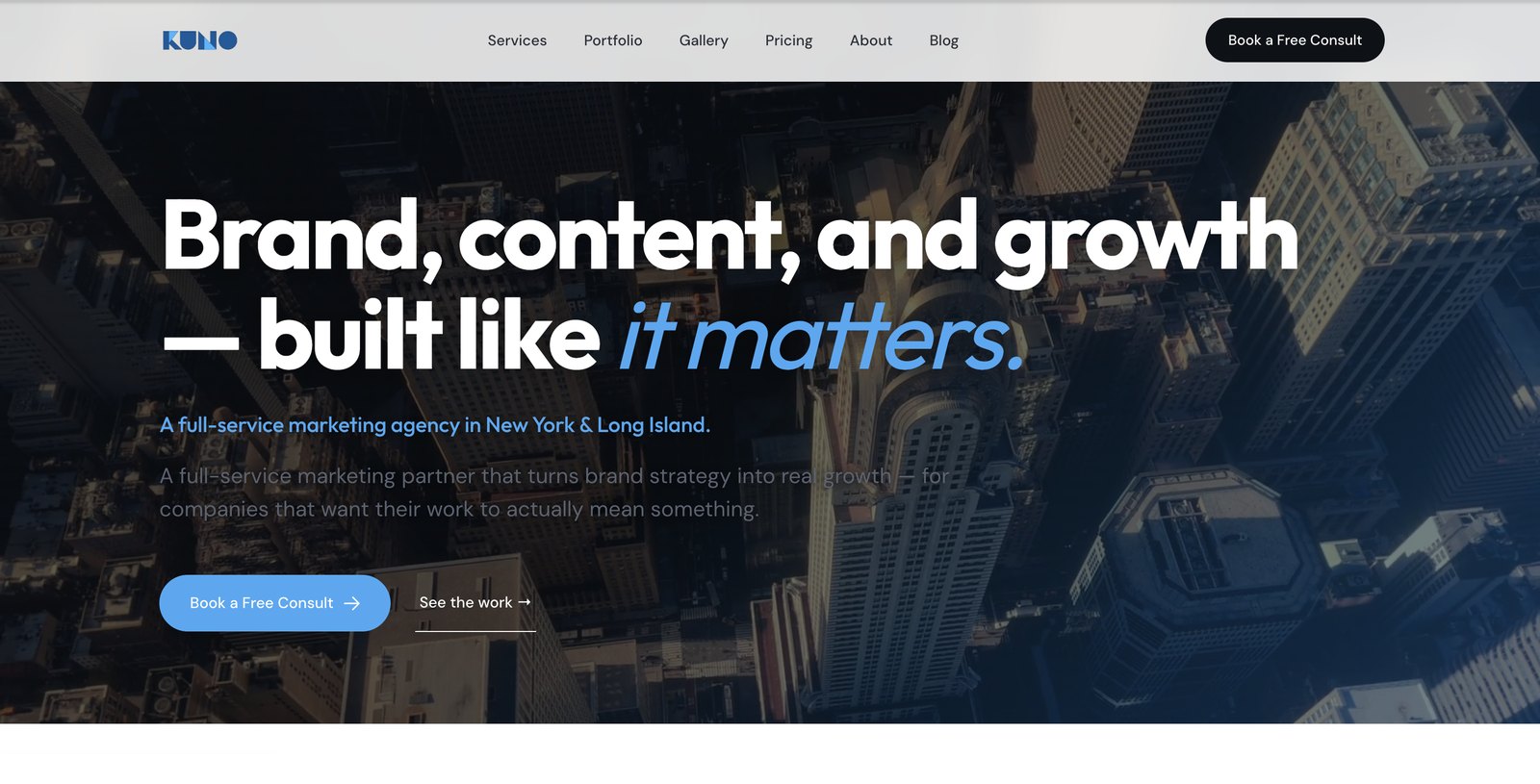 The Kuno Marketing Group homepage, a modern, fast, conversion-focused site design
