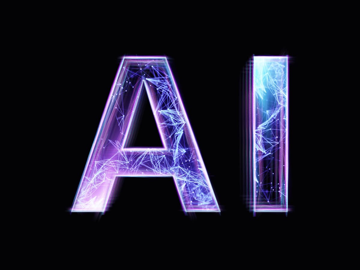 AI and automation — neon AI letters with neural network connections
