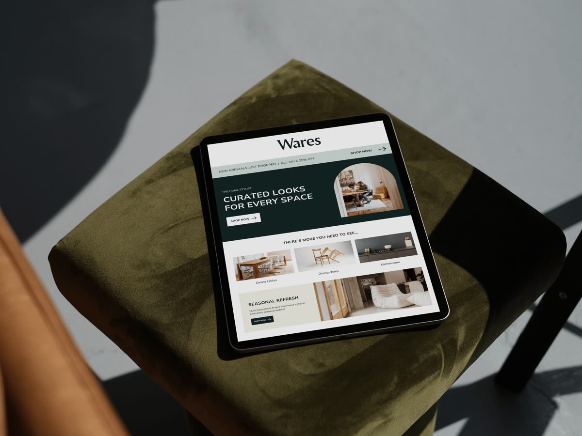 Branding and identity work — Wares ecommerce site on a tablet with seasonal homepage design