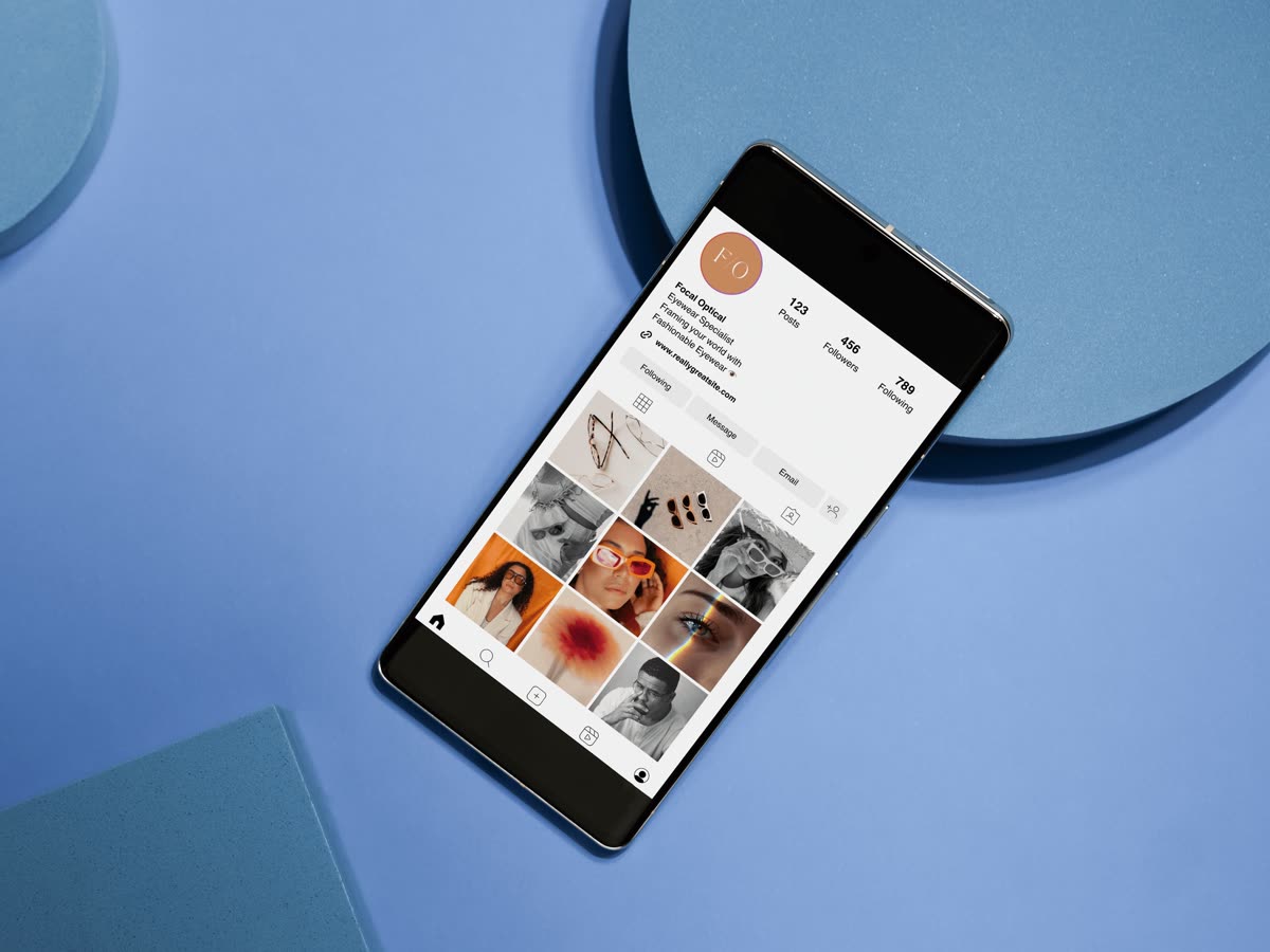 Content and social — Focal Optical Instagram grid displayed on a phone