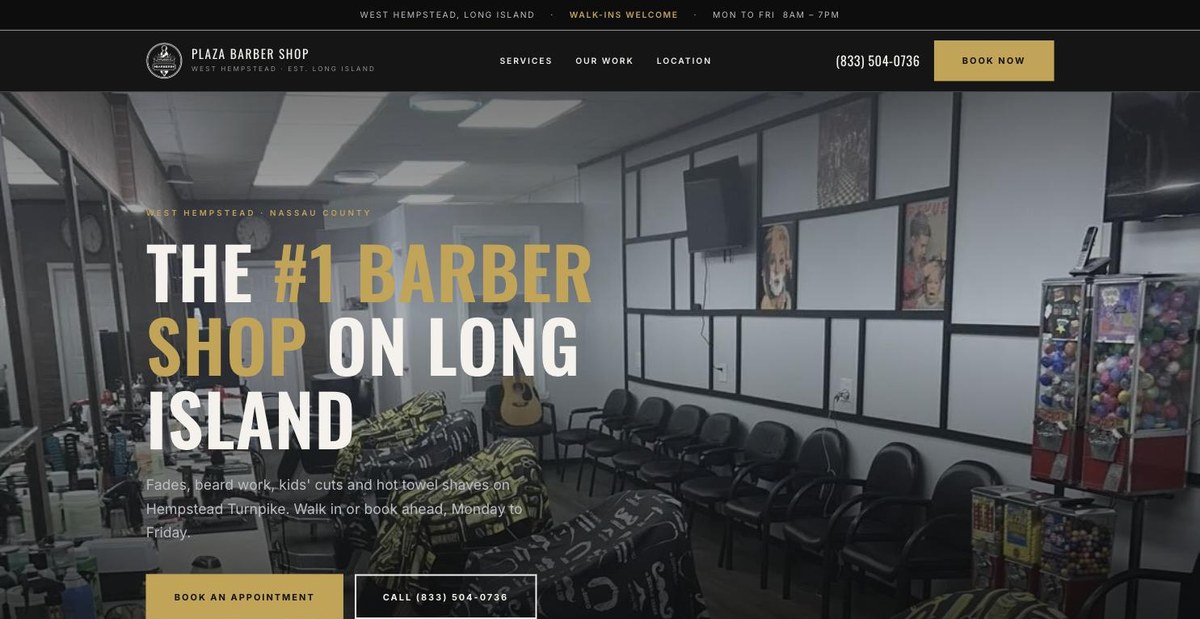 Plaza Barber Shop homepage designed by Kuno Marketing Group: shop interior hero, headline and book an appointment buttons