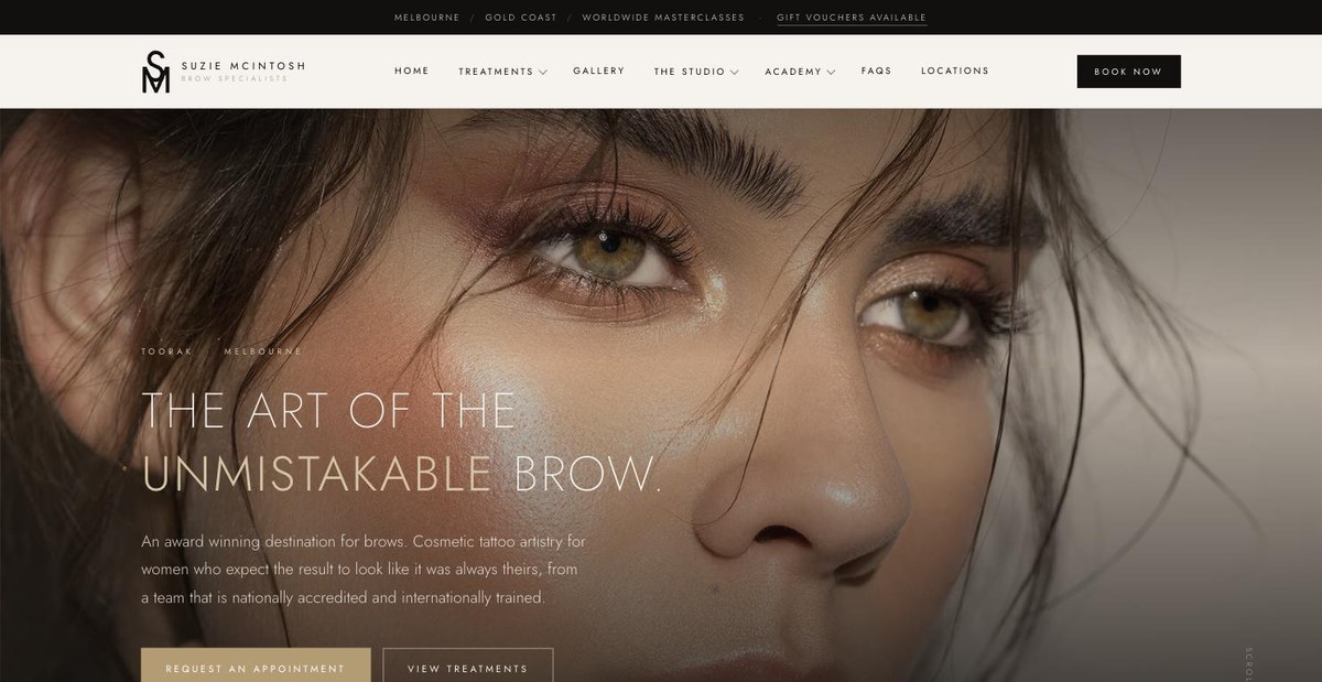 Suzie Mcintosh Brows website designed by Kuno Marketing Group: close-up brow hero image, luxury type and an appointment call to action